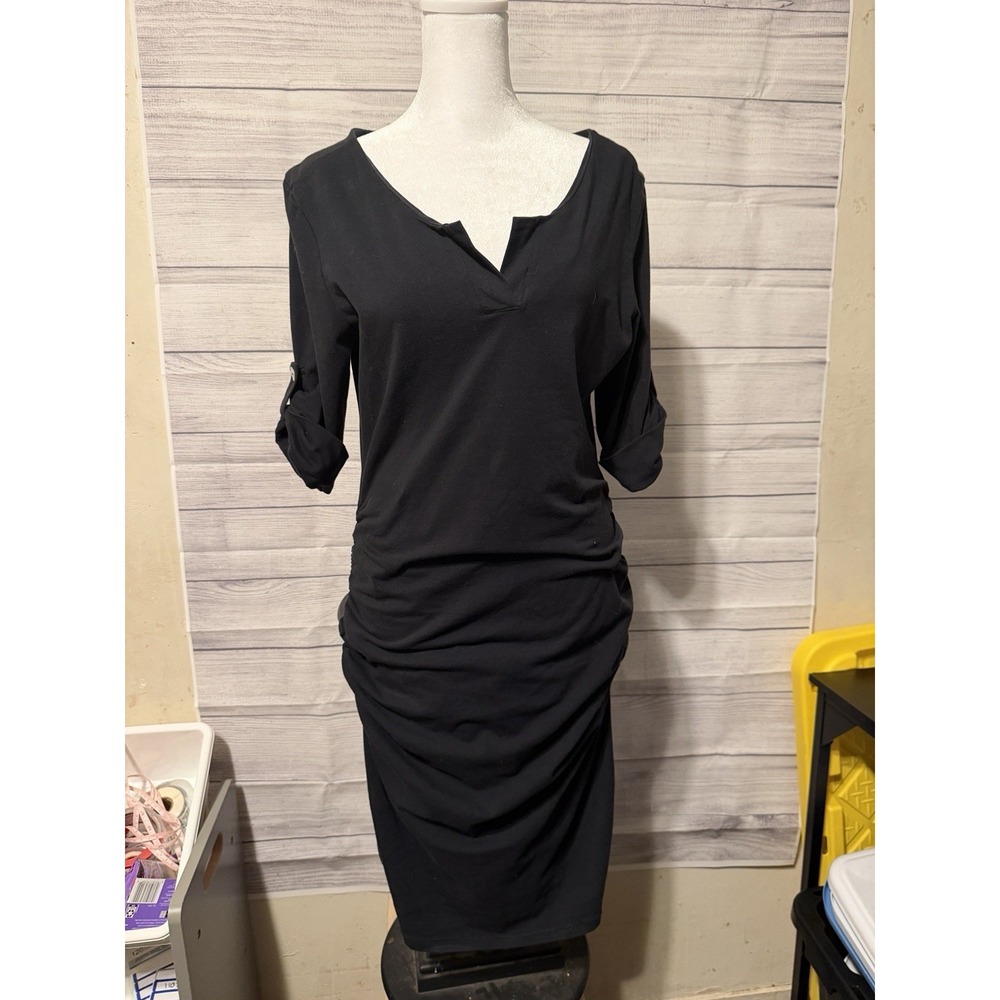 NWT Blair Maxwell Womens Ruched Dress W/ Adjustable Sleeves- Black Fitted - M/L